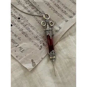 Medieval Gothic Syringe Magic Pill Bottle Necklace, Dark Fantasy Costume Jewelry with Intricate Design and Red Gemstone, Necklaces for Women
