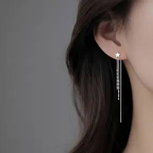 Women's Dainty Star Charm Threader Earrings Long Tassel Chain Studs for Office Look Simple and Stylish