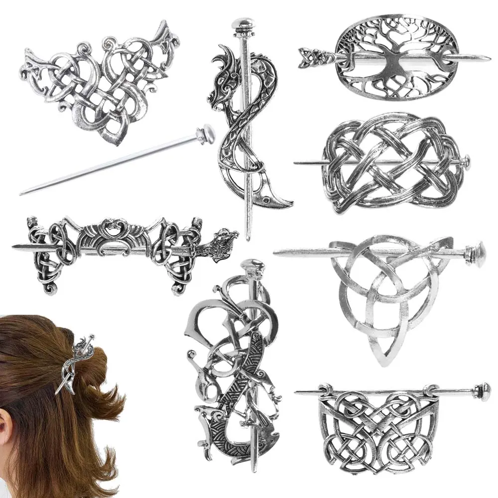 8Pcs Hair Clips, Viking Celtic Hair Sticks, Celtic Knot Hairpin, Retro Silver Vintage Metal Hair Barrette, Viking Jewelry Clip, Minimalist Hair Accessories for Women and Girls