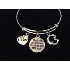 Sister I Love you to the Moon the Stars Adjustable Bracelet Silver Expandable Charm Bracelet Wire Bangle Gift