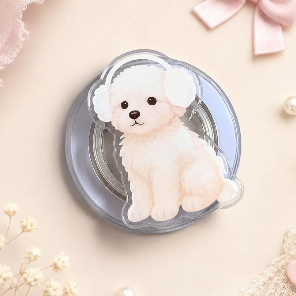 Cute Fluffy White Puppy MagSafe Phone Grip – Kawaii Dog Magnetic Phone Holder & Kickstand – Dog Lover Gift