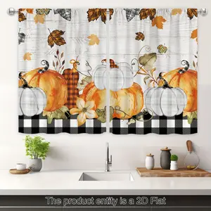 2pcs Country Style Plaid Pumpkin Kitchen Curtains, Fall Maple Leaf Print for Thanksgiving, Rod Pocket, Machine Washable Polyester, Farmhouse Kitchen Cafe Office Decor, Perfect for Thanksgiving set inganchos custom drapery panel doble layer room darkening