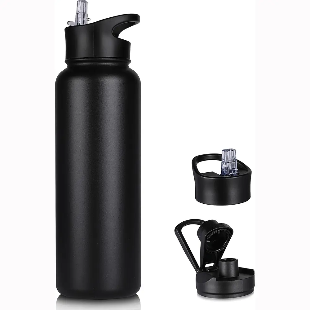 40 oz Insulated Water Bottle with Straw, Stainless Steel Sports Water Bottles with 2 Lids (Straw and Wide Mouth lid), Double Wall Vacuum, Leakproof, BPA-Free, Black