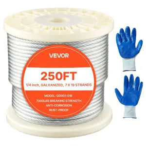 VEVOR 1/4 Inch Wire Rope, 250 ft Length, Zinc Galvanized Carbon Steel Cable with Gloves, 7000 lbs Breaking Strength, 7x 19 Strands Construction, Wire Cable for Deck Railing System, Garden Trellis