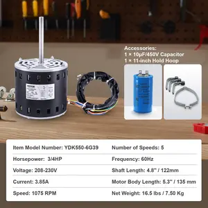 VEVOR 3/4HP Furnace Blower Motor, 208/230V 3.85Amps, 1075RPM 5 Speeds, CW/CCW Rotation, 48 Frame 4.8 Shaft Length, 10F/450V Capacitor+ 11 Hold Hoop