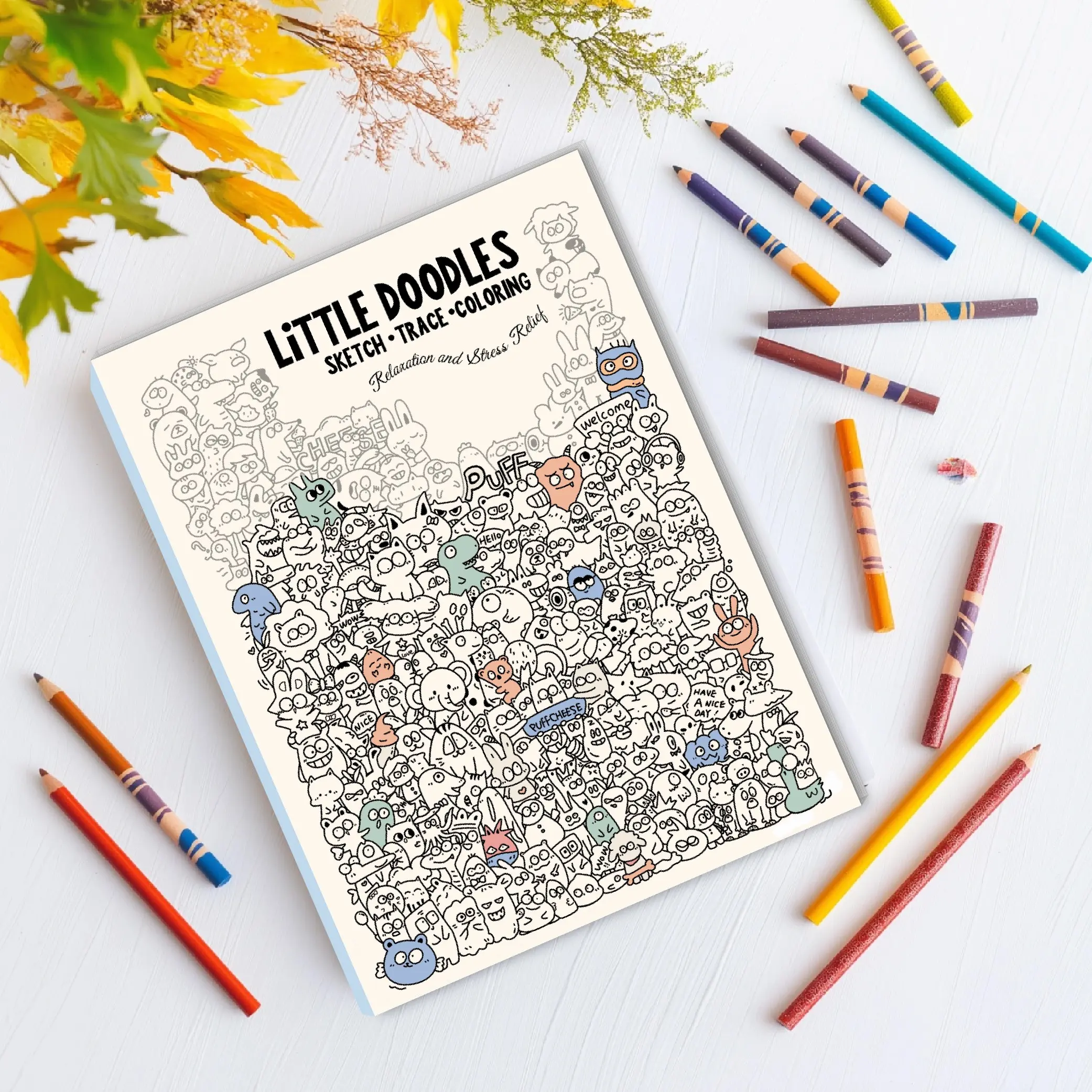 Little Doodles Creative Coloring Book, Stress Relief Line Drawing Workbook, Relaxing Fill-In Practice Book, Fun Art Activity for Kids, Artistic Skills, Creative Expression