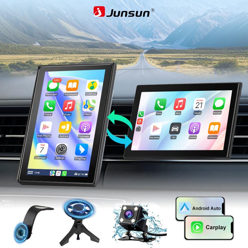 Junsun 7“ Rotatable Portable Vertical Screen Universal Car Multimedia Player Carplay Android Auto Parking Camera BT AUX Stereo