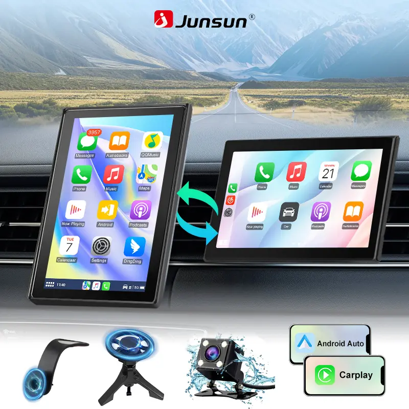 Junsun 7“ Rotatable Portable Vertical Screen Universal Car Multimedia Player Carplay Android Auto Parking Camera BT AUX Stereo