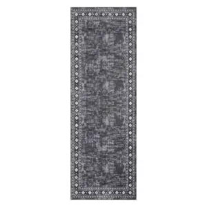 Geometric Edge Low-Pile Weave Polyester Fiber Rectangular Runner Rug, 2x6 ft Grey, Machine Washable for Laundry & Bathroom Use