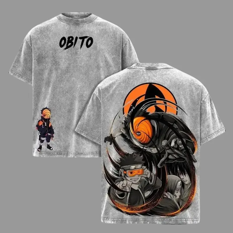 Men's Naruto Shippuden Obito Uchiha Tobi Masked Shinobi Vintage Washed Oversized Graphic Tee - Menswear Top, Akatsuki Sharingan Uchiha Clan Streetwear, Unisex Cotton Retro Manga Short-Sleeve Shirt for 90s Otaku Fans Crewneck Tshirt