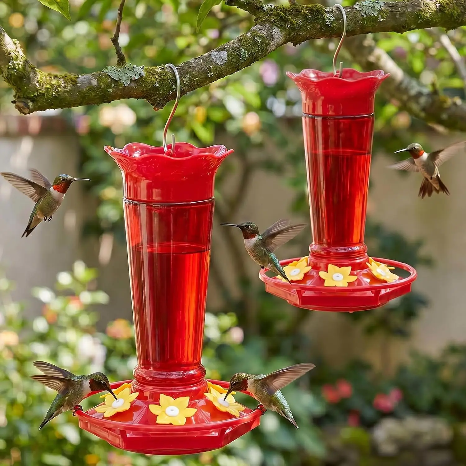 10 OZ Glass Hummingbird Feeders for Outdoors Hanging - Red 2 Pack, Ant & Bee Proof and 6 Feeding Ports, Garden Yard Décor Gifts for Mom