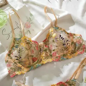 Romantic Pastoral Lingerie Set Delicate Floral Embroidered Tulle Bra Tie-Side Thong Set in Butter Yellow
