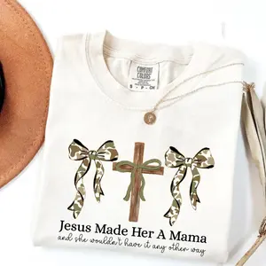 Camo Coquette Christian Mama T-shirt, Jesus Made Her A Mama T-shirt, Duck Camo Pattern Shirt, Christian Hunting Camo Mama Shirt