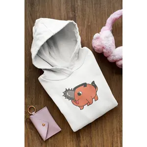 Embroidered Pochita Hooded Sweatshirt for Men - Soft Metallic Thread