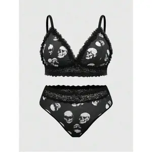 Goth Plus Size Gothic Skull Lace Patchwork Triangle Cup Bra And Panty Set
