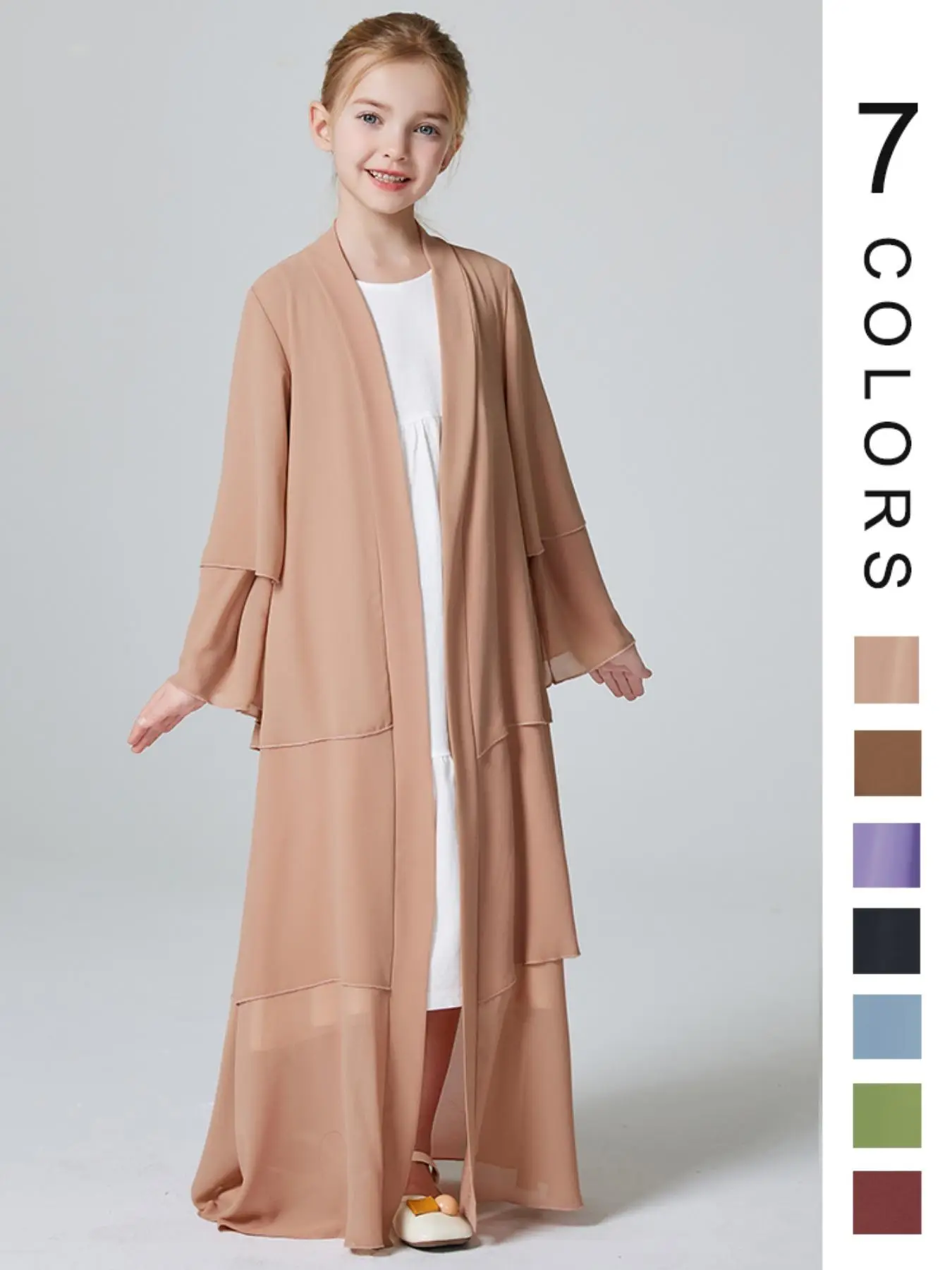Girl's Solid Tiered Layer Long Sleeve Chiffon Abaya without Inner Dress, Summer Outfits 2024, Modest Outfits, Casual Open Front Long Robe for Daily We