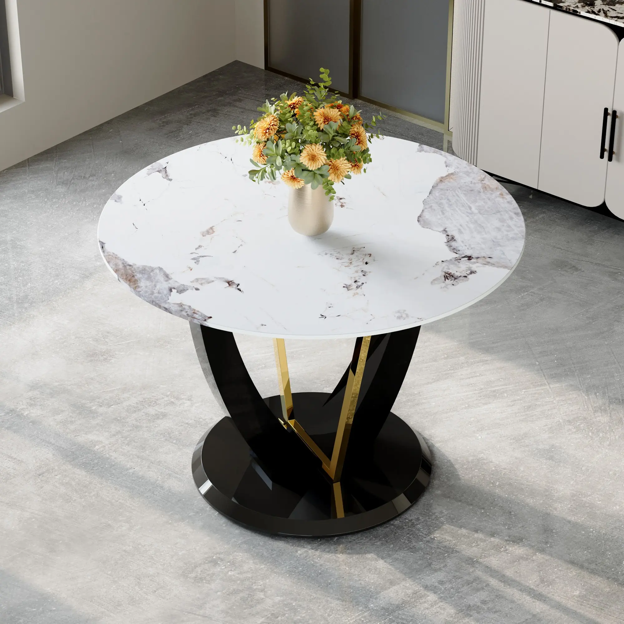 42" Modern Faux Marble Dining Table, High-Gloss Black & Gold Pedestal Base for Kitchen, Apartment & Breakfast Nook