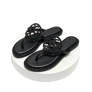 Women's Leather Flat Sandals European American Rhinestone Flip Flops Designer Bling Diamond Embellished Sandals