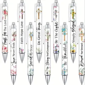 Floral & Letter Pattern Ballpoint Pen, 10pcs/set Retractable Ink Pen, Inspirational Quotes Pen, Funny Office Pen for Women Men Coworker, Aesthetic Pens