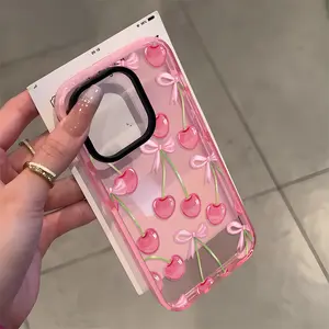 Cherry Bow Pattern Phone Case for iPhone 17 16 15 14 Pro Max 13 12 11 Plus Clear Crystal Drop-proof Slim Silicone Shockproof Transparent Protective Cover