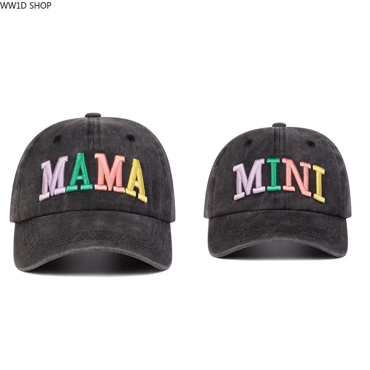 MAMA MINI Embroidered Baseball Cap Set (2 Hats) - Adjustable Streetwear Hat, Casual Outfits Cap, UV Protection, Universal Matching, Adjustable Fit, 50-54cm Mini & 56-60cm Mama Sizes for Outdoor Travel