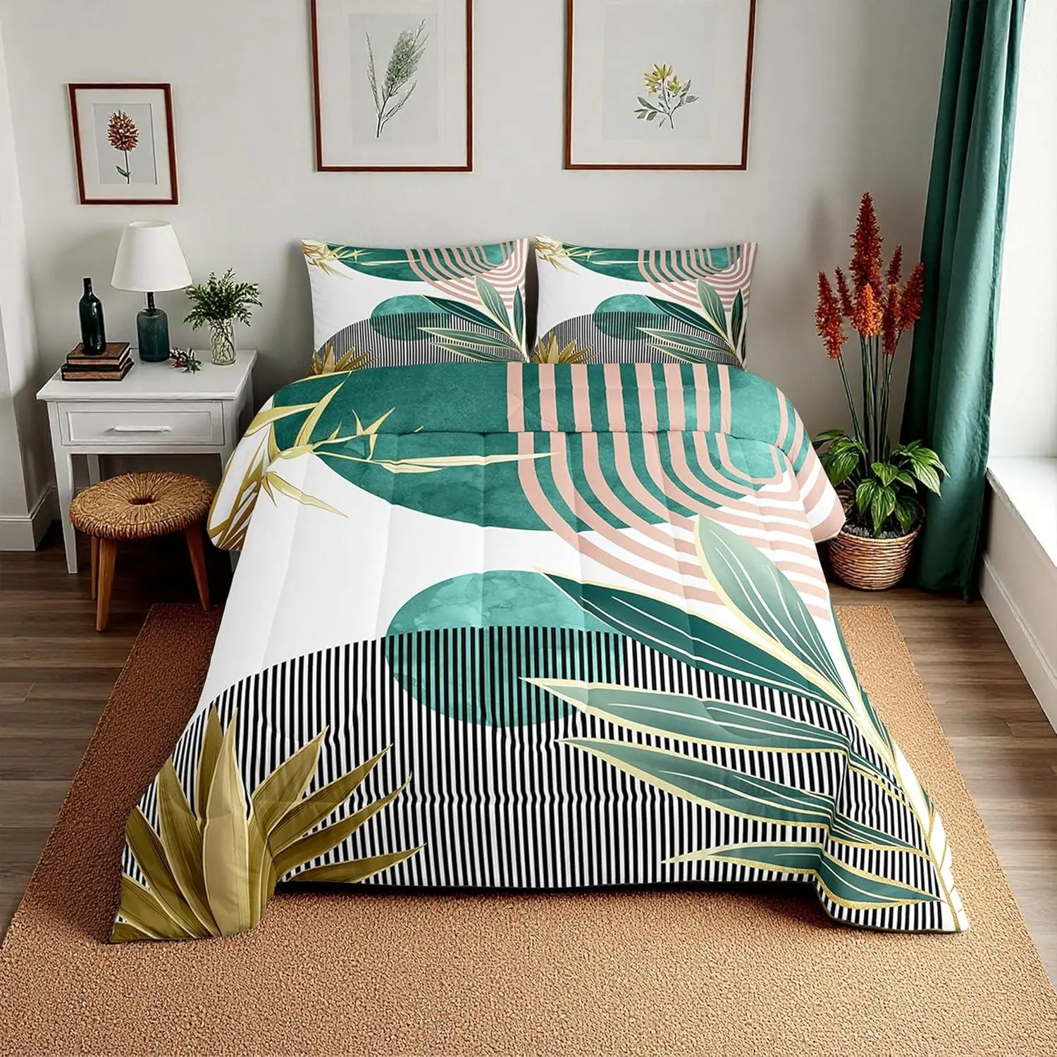 Feelyou Modern Boho Quilt Set - Mid-Century Tropical Sun Abstract Print Bedding Sets, Breathable Soft Polyester Fiber Fill Lightweight Bedspread for Modern Bedroom, Multi-Size Option