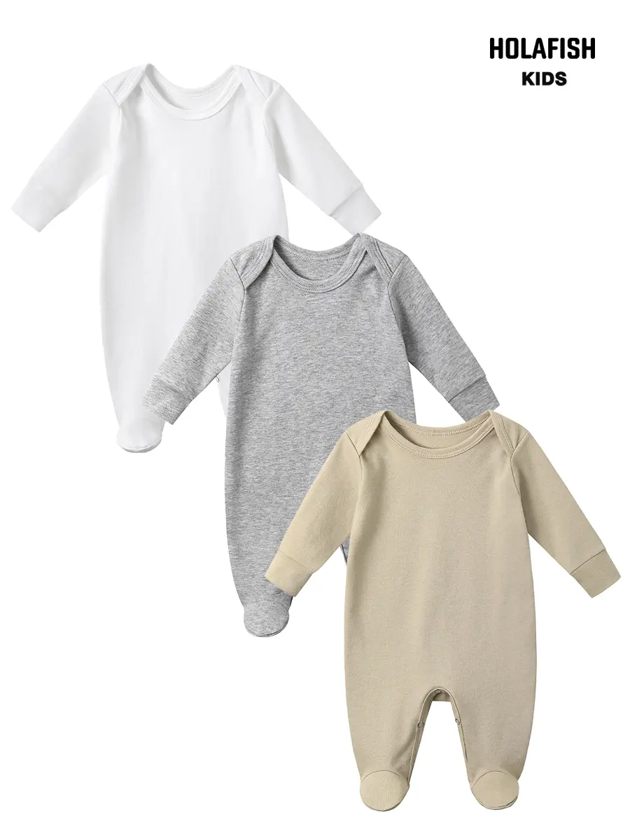 Holafish 3Pack Unisex Long Sleeve Footed Baby Bodysuit, Newborn100% Cotton Unisex Baby Bodysuits, Solid Color Round Neck Infant Outfit for Newborn Baby Boys Girls Daily Wear