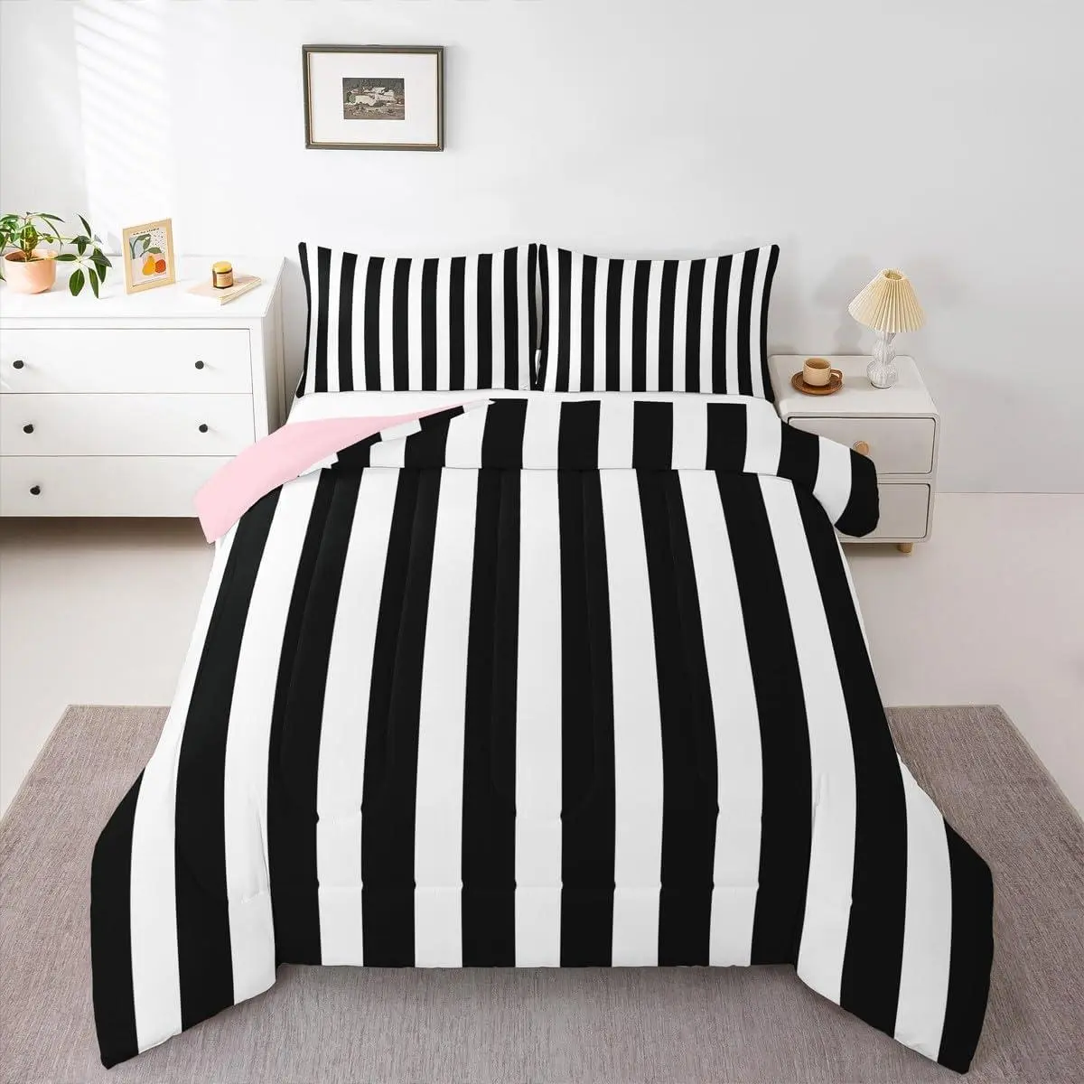 Feelyou Queen Comforter Set - Bedding Sets with Pinstripe Design, Black & White/Pink & Black Options, Cozy Chic Blanket, Gentle Soft Blanket, Soft Warm Bedding for Kids' Bedrooms, Quilt Bedding Set