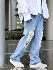 Men's blue washed ripped jeans Classic Cotton skate  pants