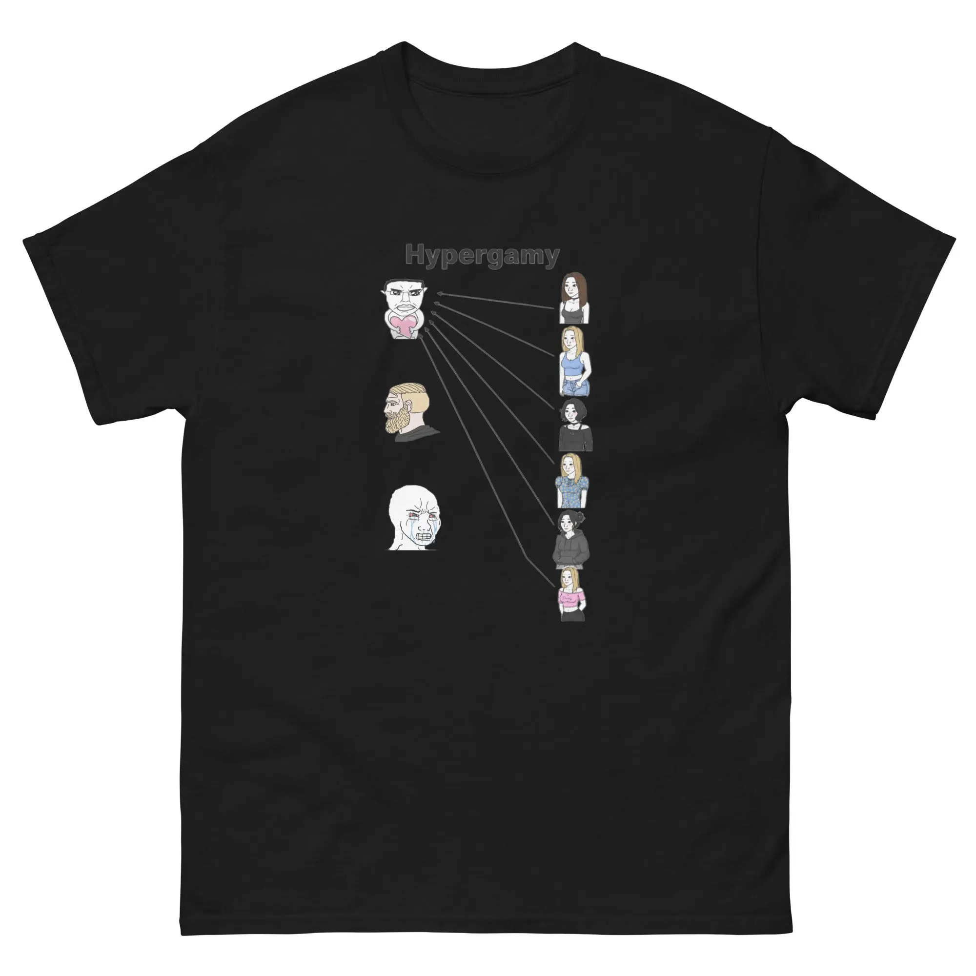 "Hypergamy" T-Shirt - Crew‑neck short‑sleeve top with hand‑drawn meme character diagram and text print, viral internet‑meme unisex everyday shirt