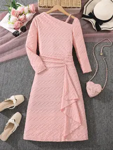 Girls Off-Shoulder Halter Dress, Irregular Hemline, Long Sleeve Bodycon, Sweet and Gentle Fashion Style, Casual Wear, Fit