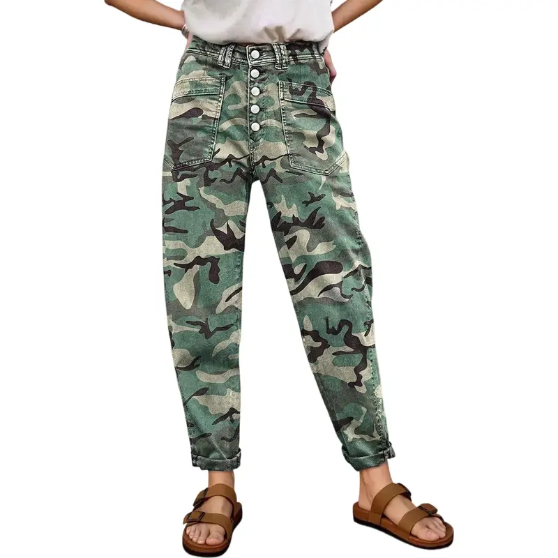 Flamingals Camo Pattern Button Fly Mid Waist Tapered Crop Pants Stretchy 26.0'' Inseam