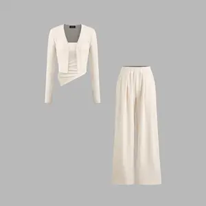 Cider [size 0-26] 3pcs Solid Cardigan & Ruched Tube Top & Mid Rise Elastic Waist Wide Leg Trousers Set
