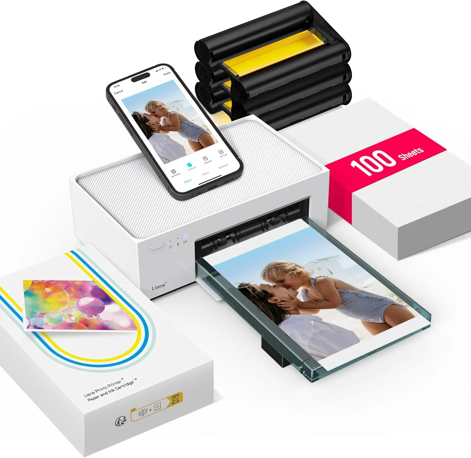 4x6 Photo Printer, Wi-Fi Full-Color Dye Sublimation Printer for iPhone & Android, Includes 100 Sheets & 3 Color Cartridges