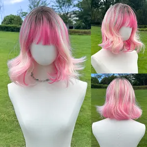 SMILCO 14Inch Highlight Pink With Platinum Short Bob With Bang Synthetic Wig SM501 Stylish Bob Cut With Bangs Vibrant Pink And Sleek Platinum Tones