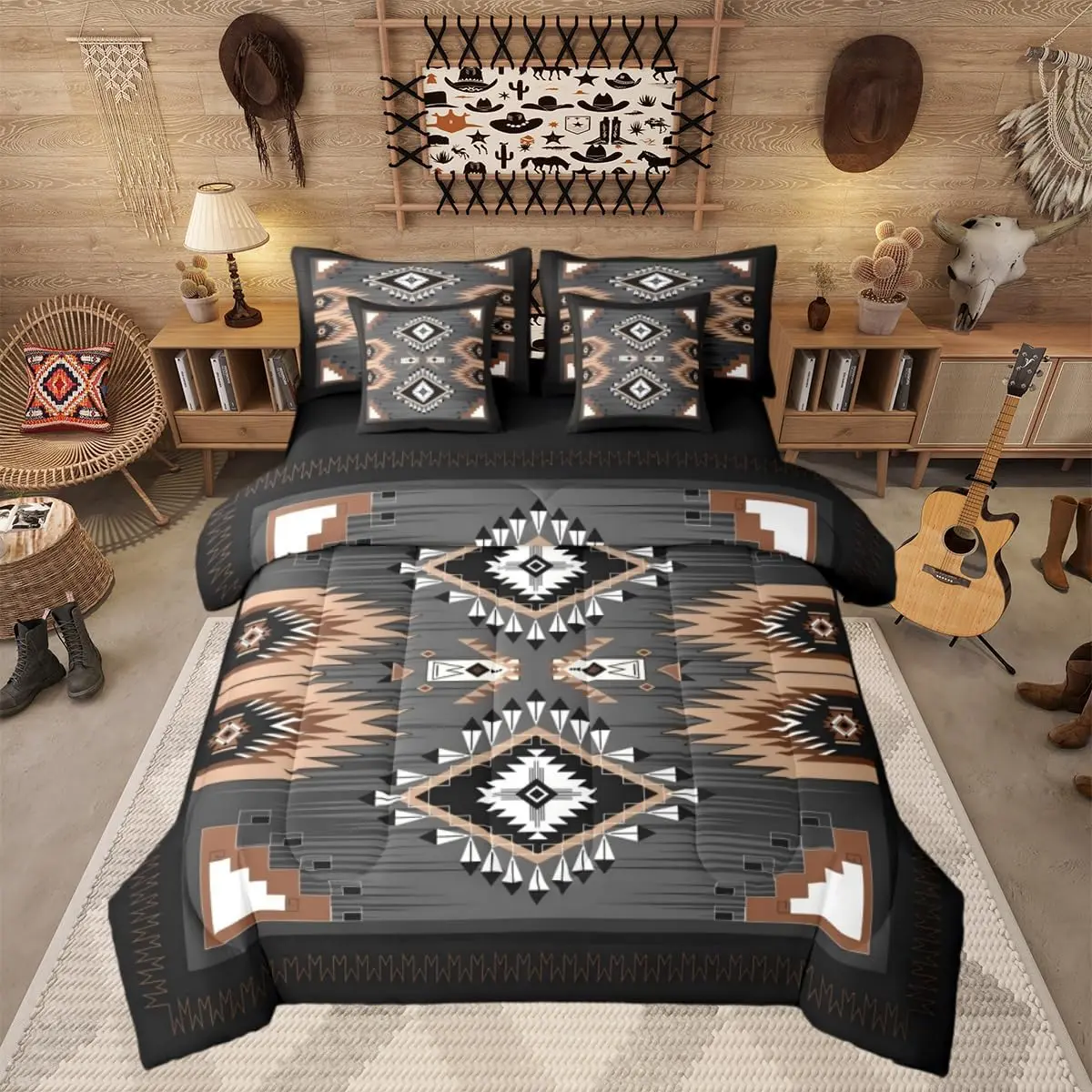 Western Aztec Bedding Set 7 Piece Rustic Southwestern Bed In A Bag Adult Native American Navajo Comforter Set With Sheet Ethnic Exotic Boho Farmhouse Bed Sets