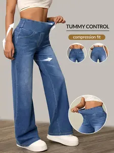 Women's 2026 new stretch jeans, elastic waisted washed denim fabric pants, elegant women's clothing, high waisted drawstring pants with pockets, suitable for travel, work, office loose casual pants, suitable for all seasons