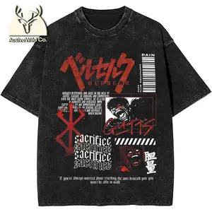 Guts Rage Berserk Anime Japan Merch Washed T Shirt for Men Women Streetwear Hip Hop T-Shirt Graphic Tees Tops 100% Cotton