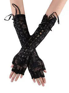 Elegant 1pair Women's Lace-Up Black Gothic Party Gloves Suitable For Daily, Party, Cosplay Use Halloweeny2k