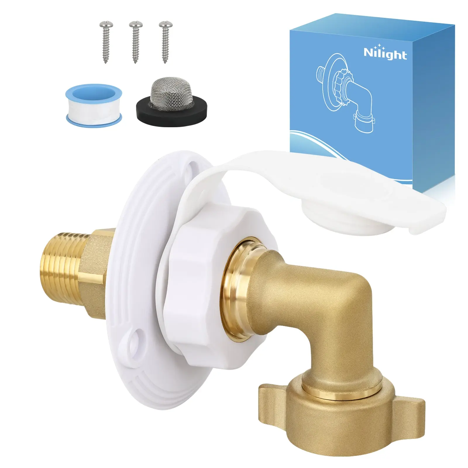 Nilight RV City Water Inlet with Check Valve, Backflow Stop, 90-Degree Elbow Shape Hose, 360-Degree Rotating Joint, Prevents Leaks - 1/2In NPT Male to 3/4In GHT Female Brass & Plastic Flange Fitting for RV Trailers, Marine Vehicles