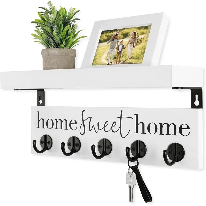 Key Holder Wall Mount – Rustic Shelf with Hooks for Coats, Leashes – Paulownia Wood with Metal Key Hooks Enhances Farmhouse Decor and Entryway Storage (14" x 6.3" x 3.9") White