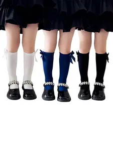 3 Pairs Girls' Solid Color Bow Long Calf Socks, Socks Set, Soft Comfortable Fashion Elegant Design, Casual Stylish Socks, Casual Vacation Dress Socks for Daily Wear