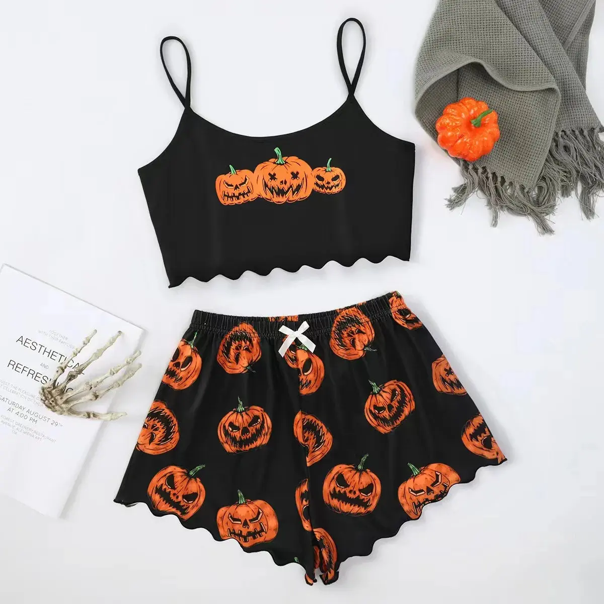 Women's Pajama Set Halloween Pumpkin Skeleton  Print Cami Top & Lettuce Trim Shorts Sleepwear & Loungewear Clothing Sleeve