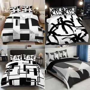 3-Piece Ink Geometric Line Print Duvet Cover Set (1 Duvet + 1/2 Pillowcases), Soft Bedding, Square Print, Bedroom Guest Room Use