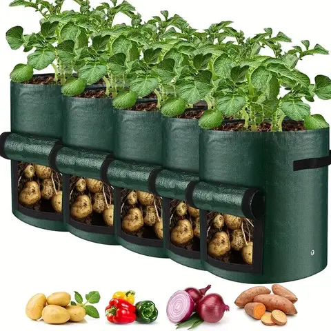 Potato Growing Bag, Reusable Planting Bag, 5 Counts 7/10 Gallon Potato Planting Bag with Flap & Handle, Plant Container for Potato, Flower, Mushroom, Tomato & Vegetable, Stackable Vegetable Planters, Plant Bags
