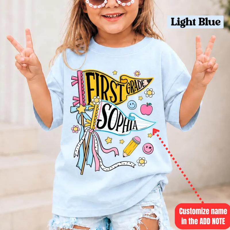 Personalized Pencil Back To School Youth Shirt, Custom Pennant Girl Shirt, Custom Any Grade Shirt, Pre-K Kindergarten First second third fourth fifth Grade Tee, back to school shirt, Youth clothing, gift for son and daughter