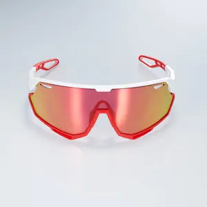 Oversized Shield Sports Sunglasses, Red & White Windproof Cycling Glasses with UV400 Protection Mirror Lens for Running, Fishing & Daily Use