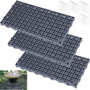 3-Pack 24 x 12 Inch Heavy Duty Grid Style Fountain Basin Grates with Ground Pillars, Grey Landscape Grating for Raised Beds, Ponds, Water Features & Landscaping