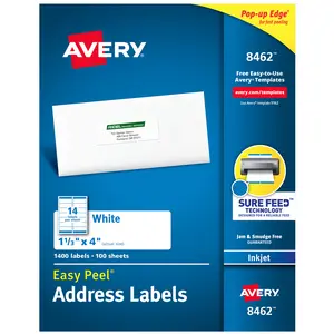 Avery Easy Peel Address Labels, Sure Feed Technology, Permanent Adhesive,  1-1/3" x 4", 1,400 Labels (8462)