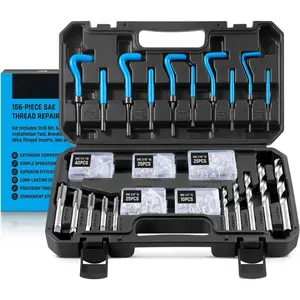 156- SAE Helicoil Thread Repair Kit, 1/4" 5/16" 3/8" 7/16" 1/2" Professional Helicoil kit with HSS Drill Bit, Taps & Stainless Steel Inserts for Stripped Thread & Bolt Thread Repair